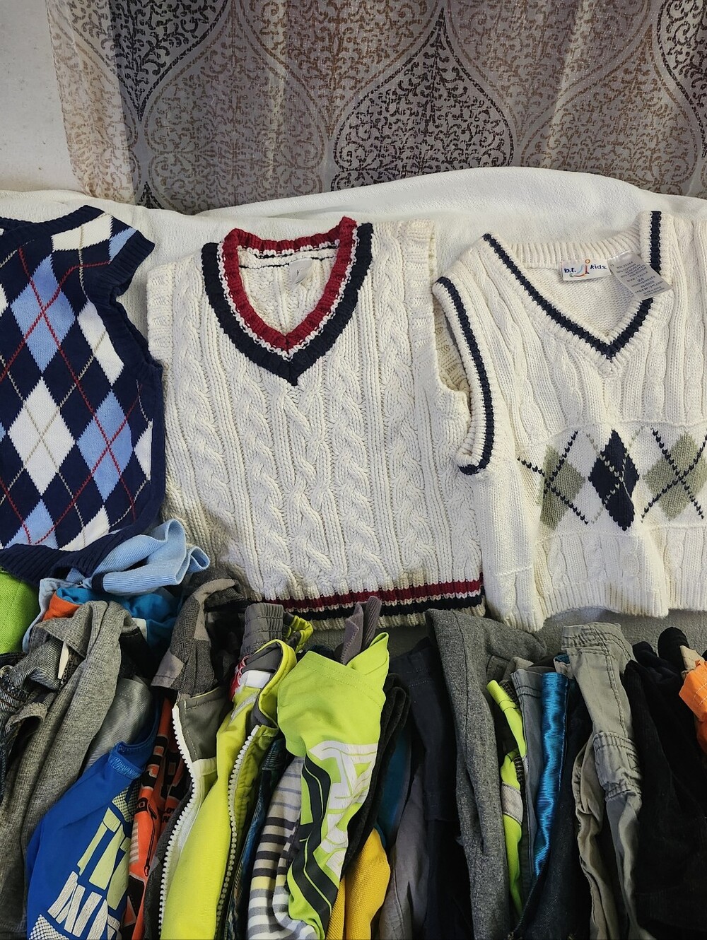 Kids Cream Cable Knit V-Neck Sweater Vest with Navy & Red Trim